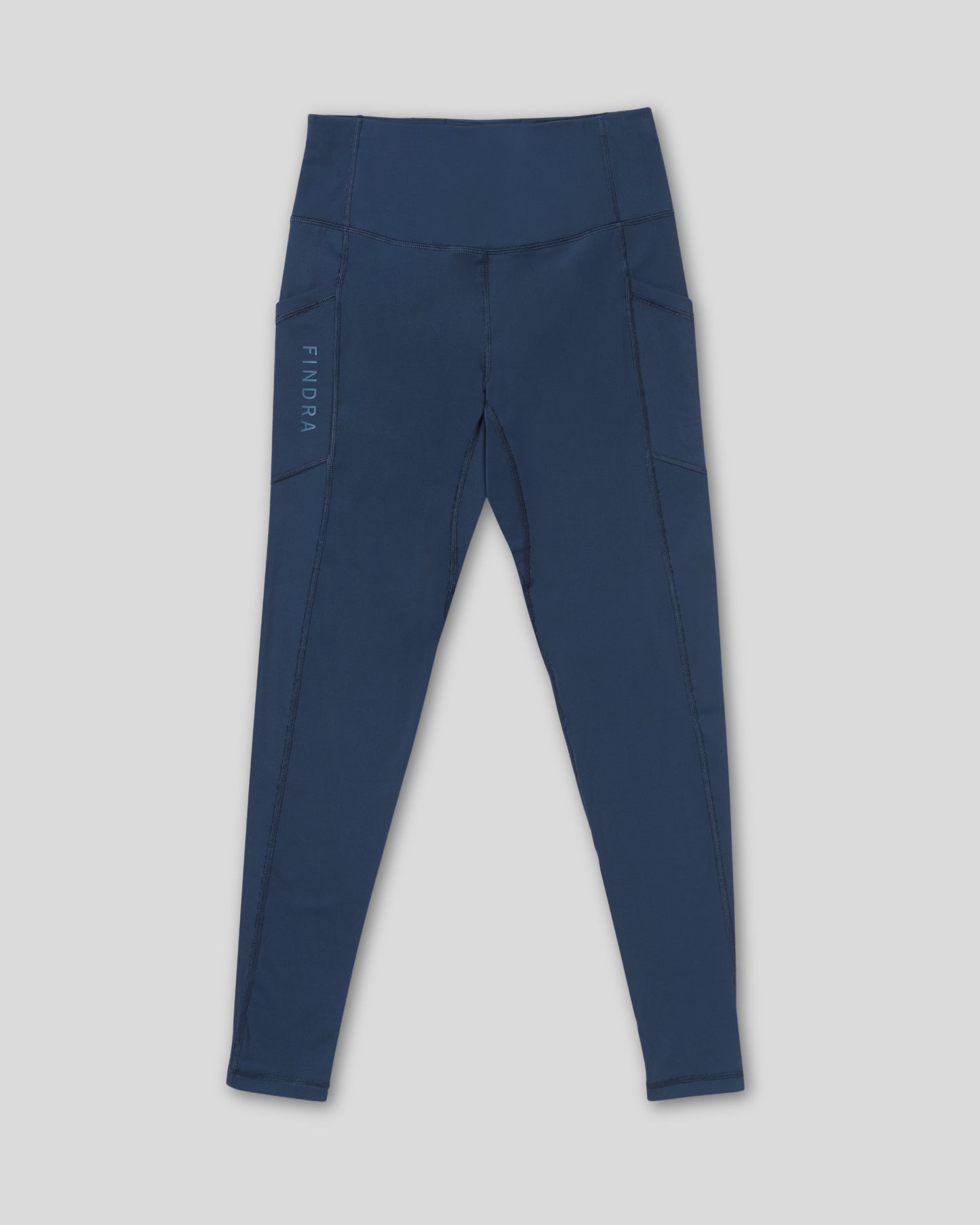 Blue leggings with a brand logo on a light gray background