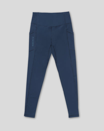 Blue leggings with a brand logo on a light gray background