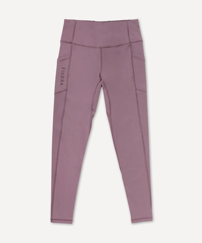 Purple leggings with a brand logo on a white background