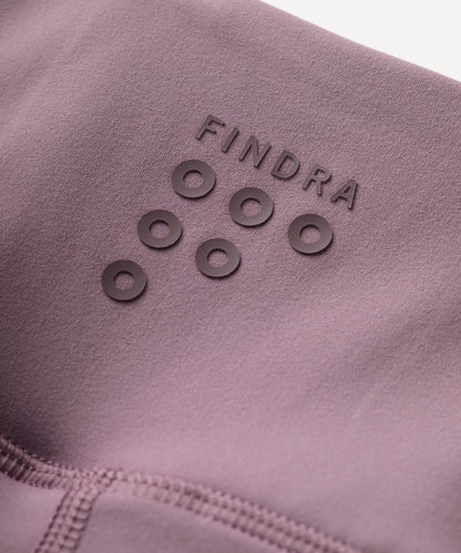 Close-up of a purple fabric with 'Findra' branding and circular patterns.