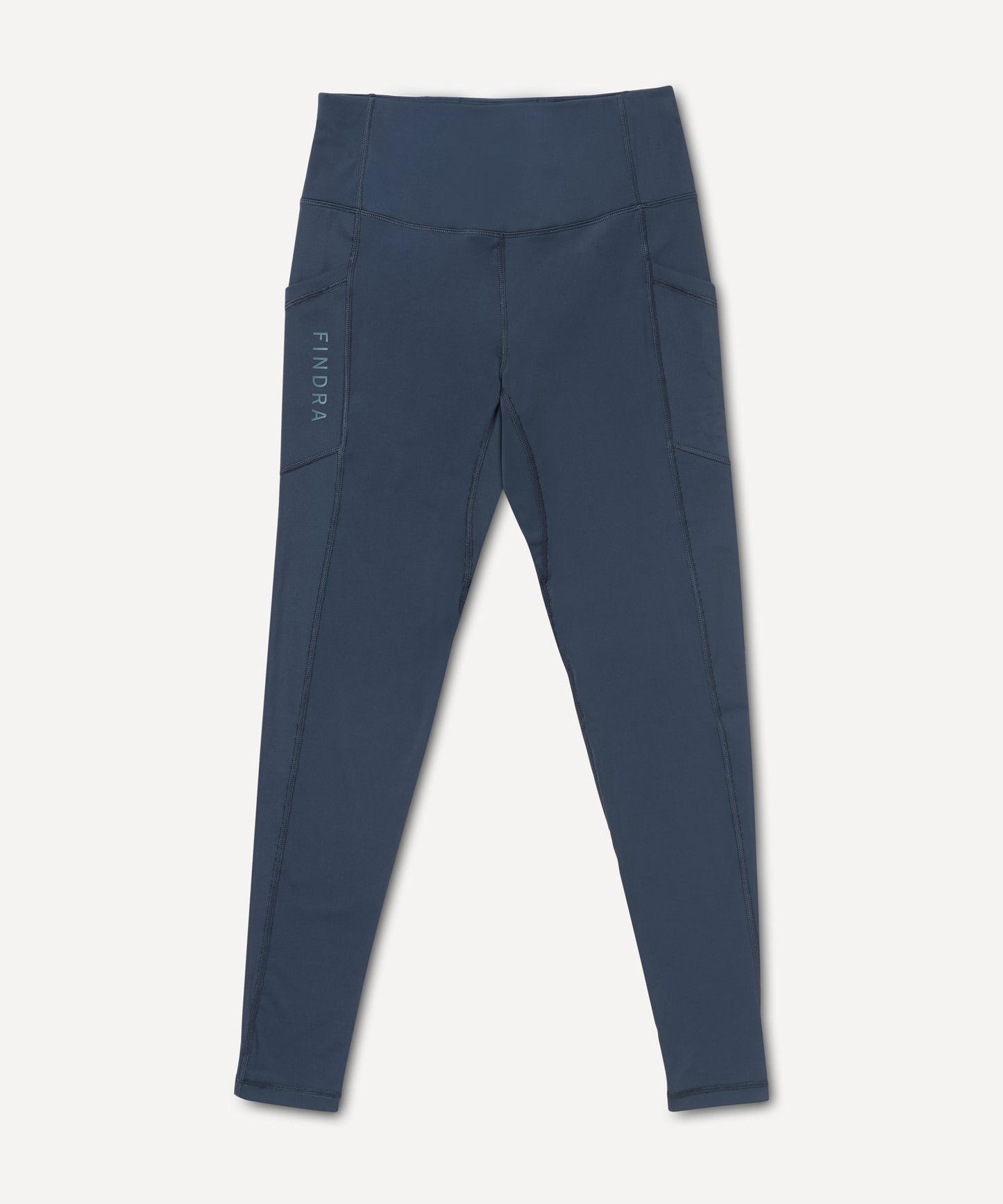 Blue leggings with a FINDRA brand logo on a white background