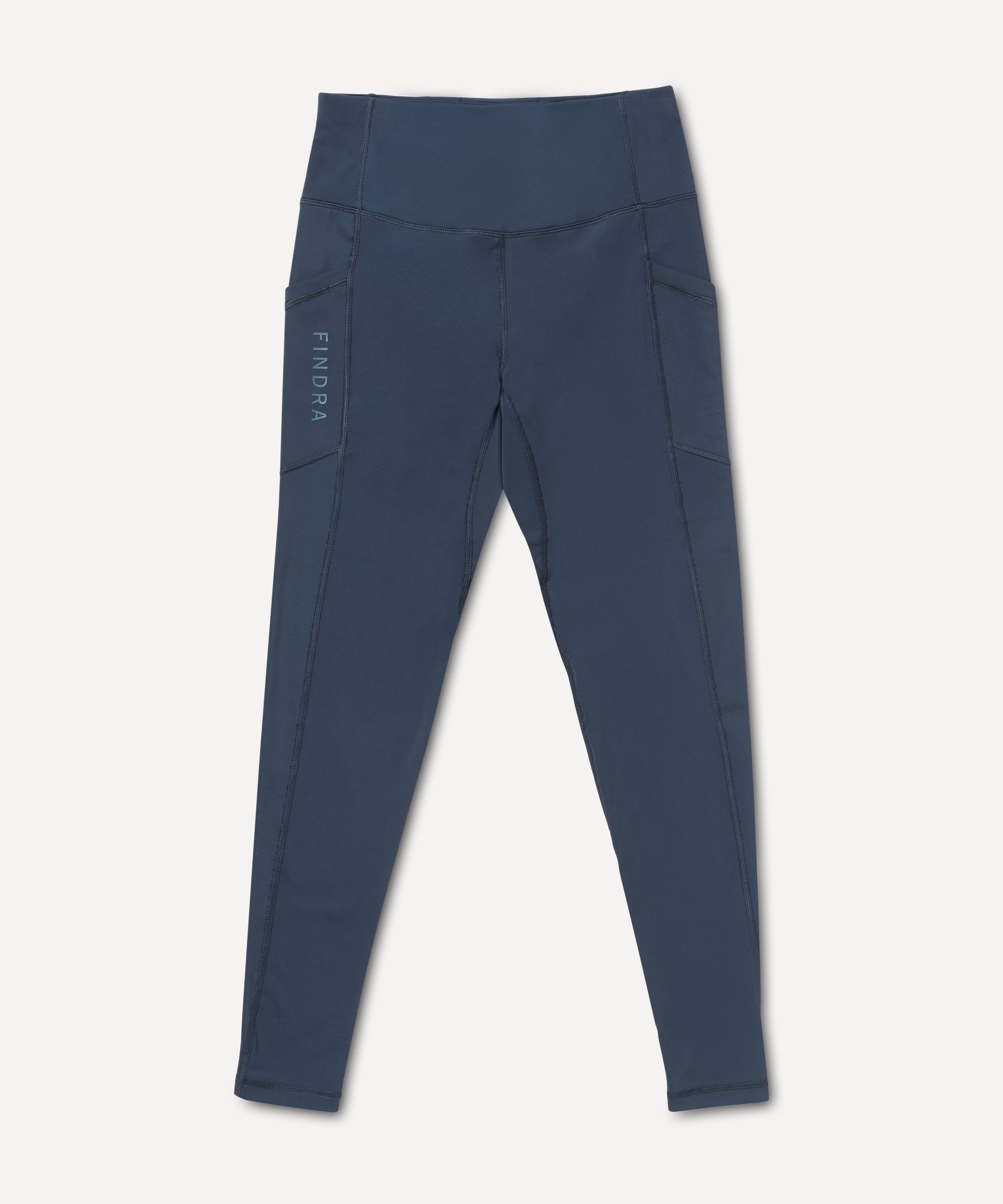 Blue leggings with a FINDRA brand logo on a white background