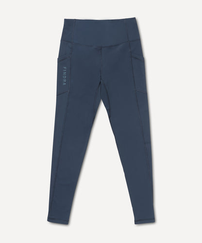 Blue leggings with a FINDRA brand logo on a white background