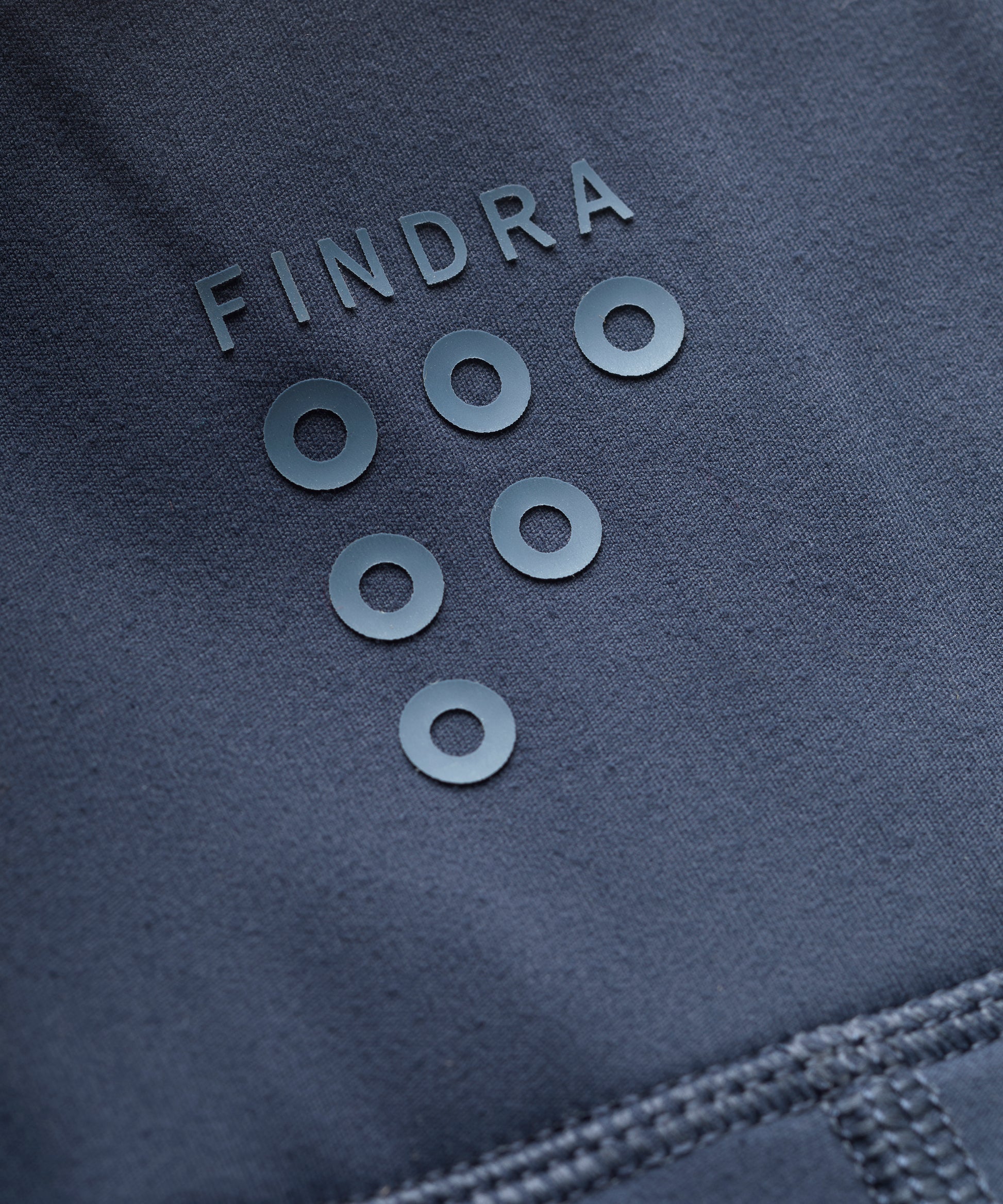 Close-up of a dark blue fabric with 'FINDRA' branding and circular elements.