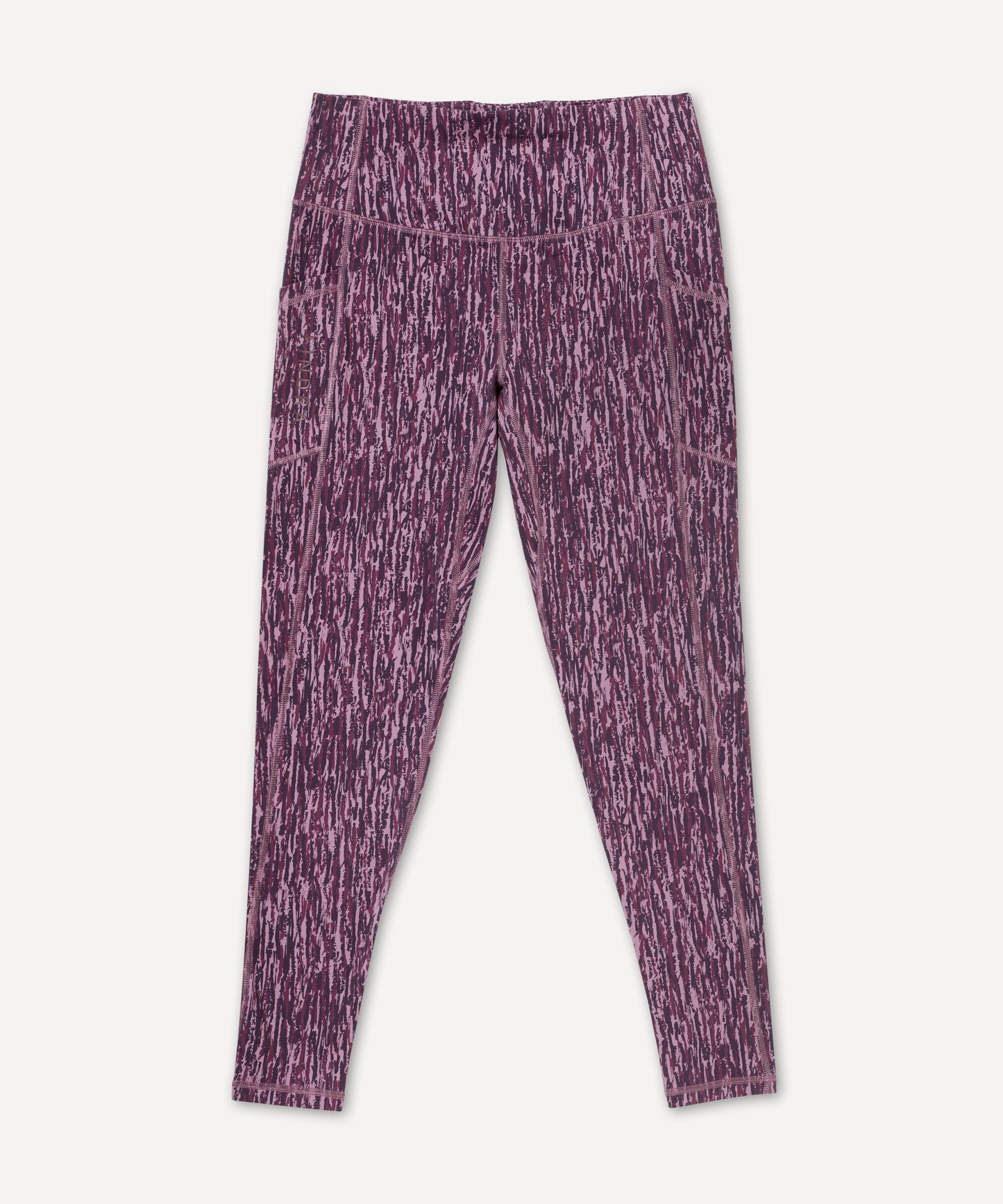 Purple patterned technical leggings on a white background