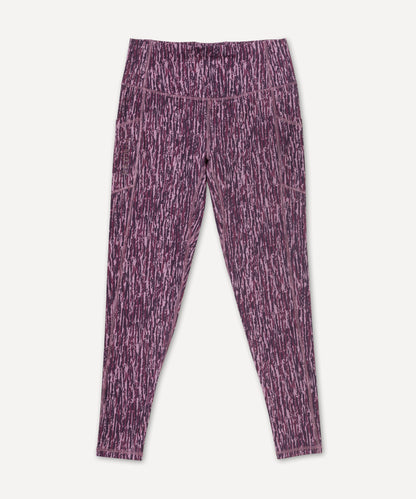 Purple patterned technical leggings on a white background