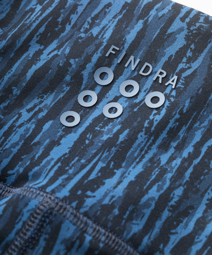 Blue and black patterned fabric of leggings with 'FINDRA' branding.
