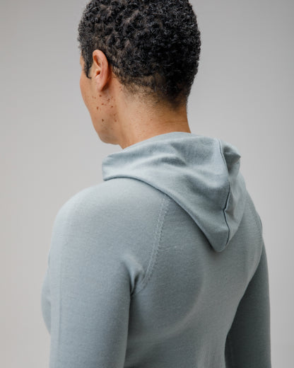 Person wearing a light blue grey  hoodie from behind on a grey background