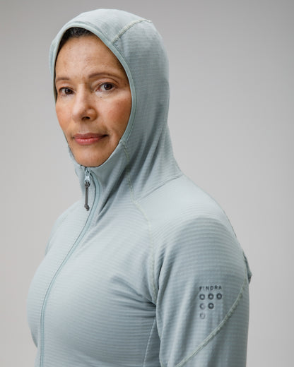 Person wearing a light gray hoodie with a zipper on a plain background