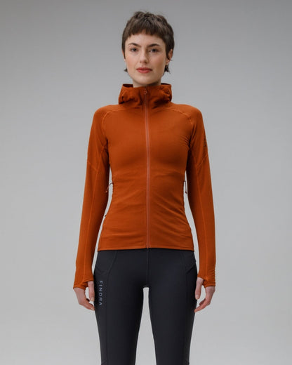 Person wearing an orange jacket and black leggings on a gray background