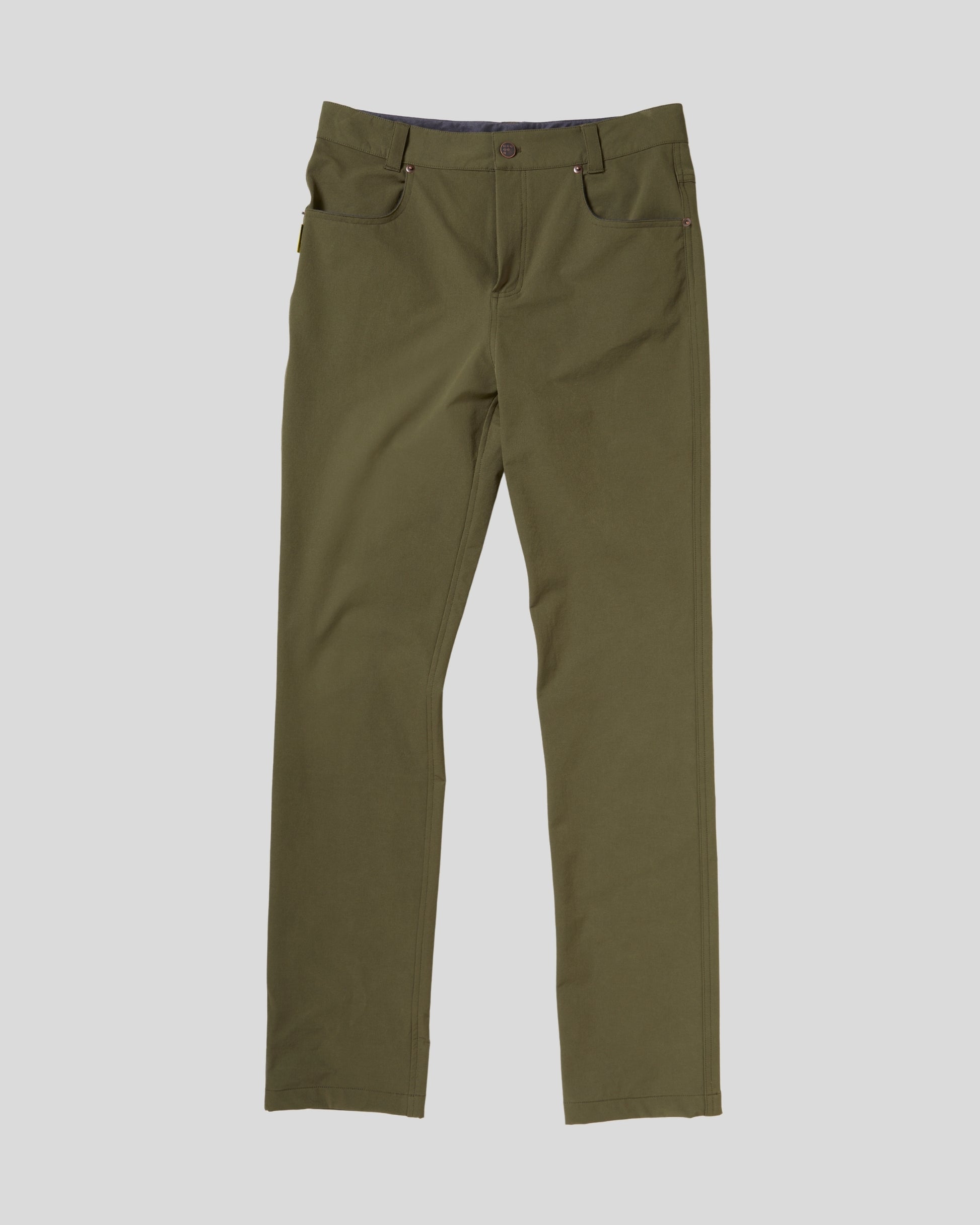 Olive green pants on a light gray background