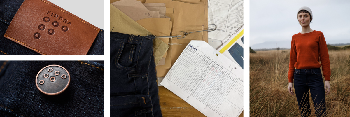 A three-panel collage showing fashion details and a model: a close-up of a brown leather FINDRA brand patch on dark denim, a close-up of a round metallic button with six circular cutouts on jeans, and a woman standing in a dry grass field wearing an orange-red long-sleeve top and dark jeans.
