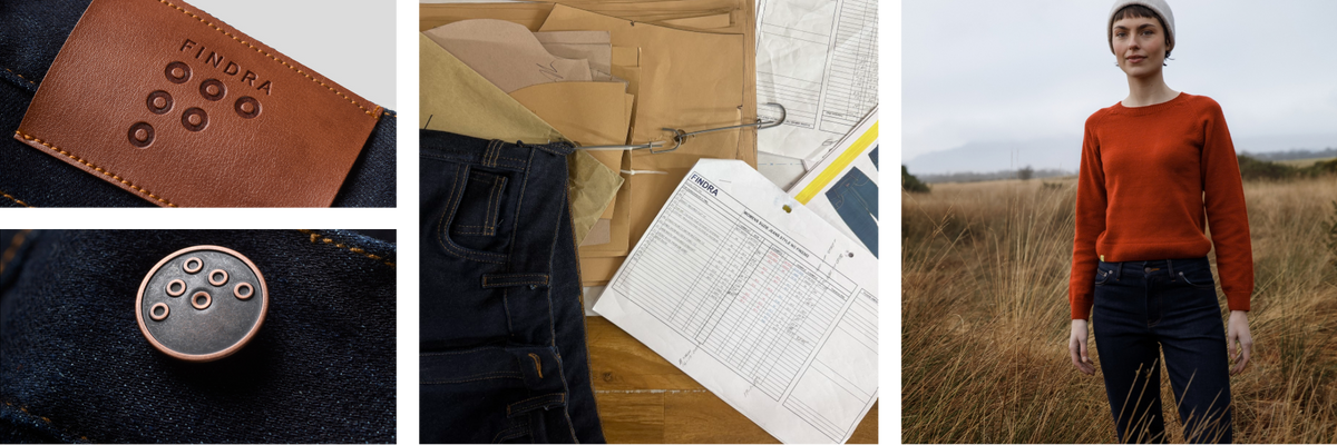 A promotional collage for Fendi jeans featuring the text 'Meet Suzie' at the top. The left panel shows close-ups of a brown leather Fendi patch and a round dark denim button with Fendi branding.