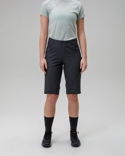 Person wearing a light green t-shirt and black shorts on a gray background