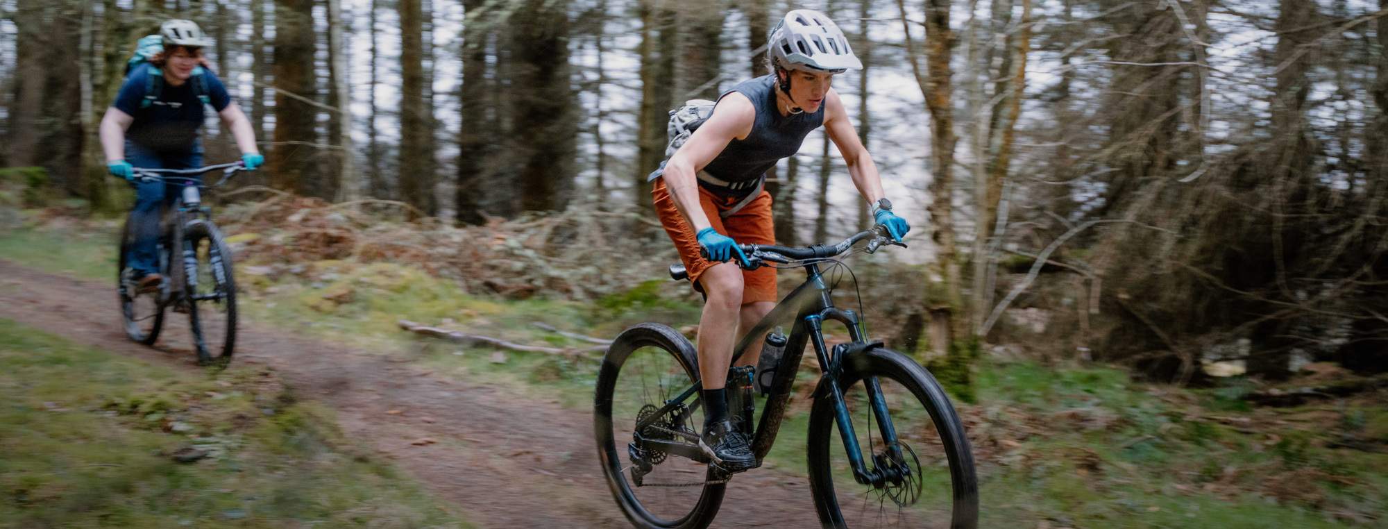 Two mountain bikers riding on a trail through a forest.
