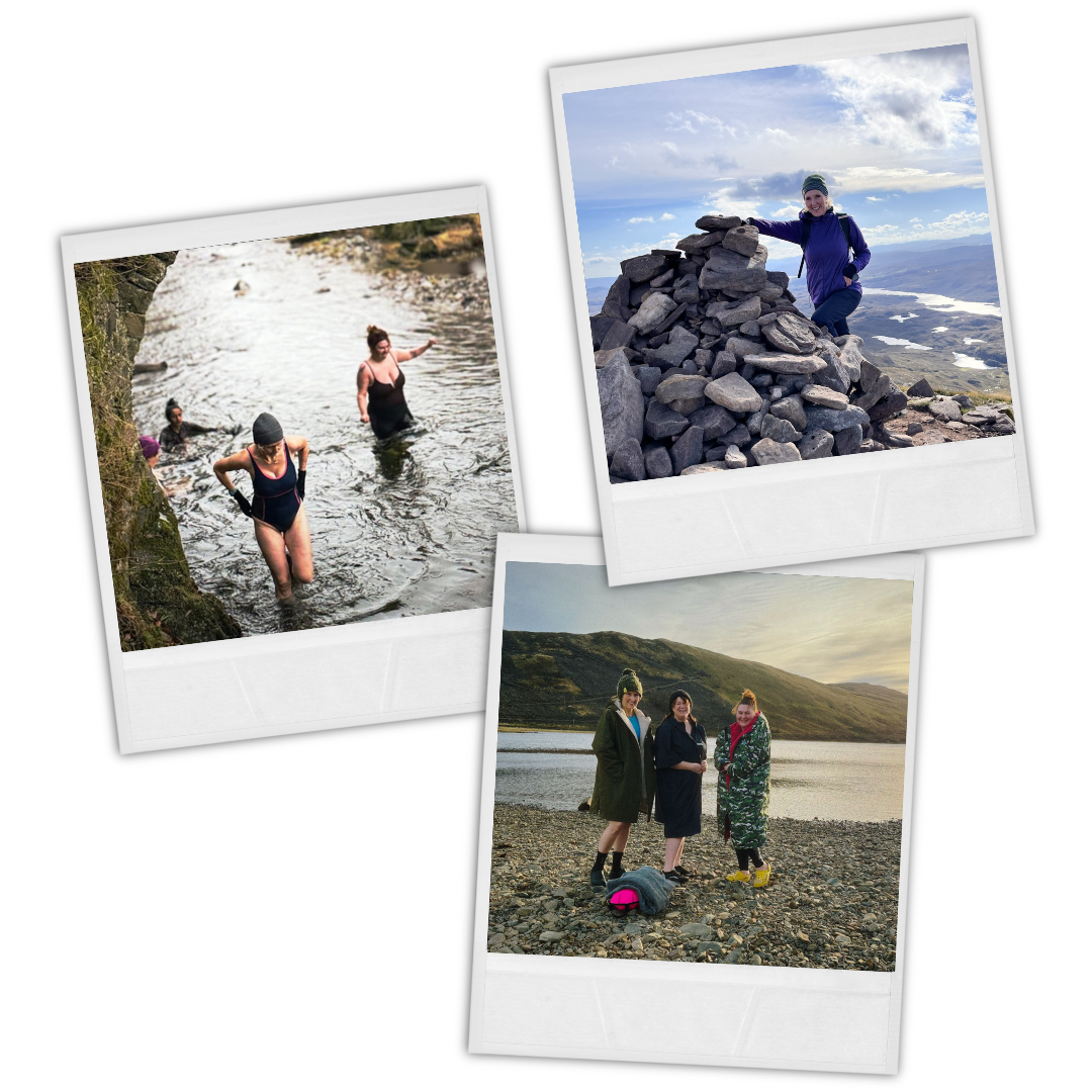 Three Polaroid-style photos of people in outdoor settings.