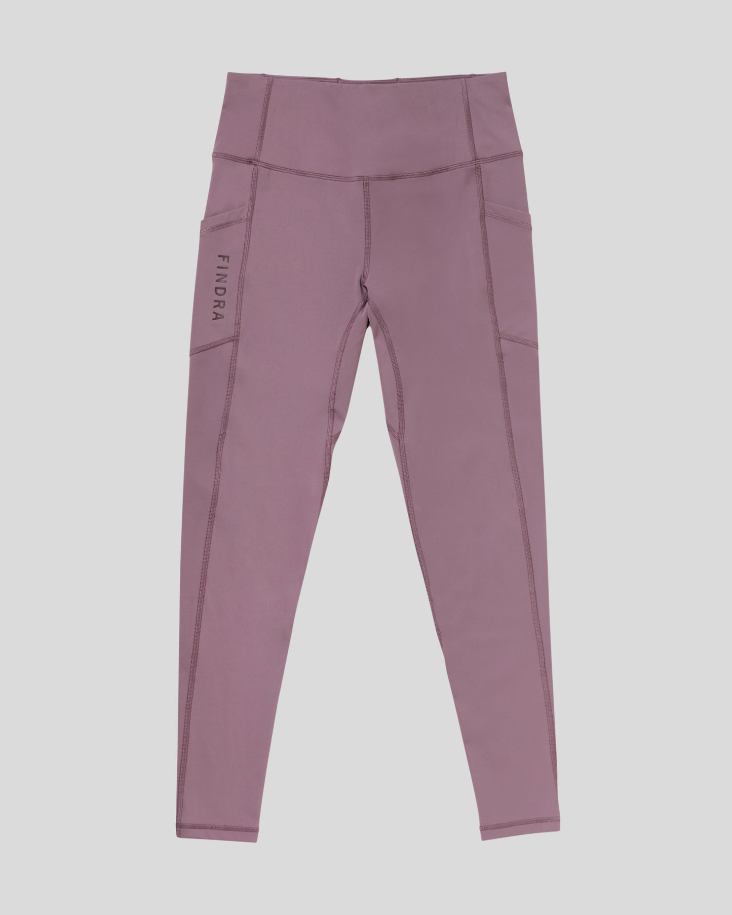 Purple leggings with a brand logo on a light gray background