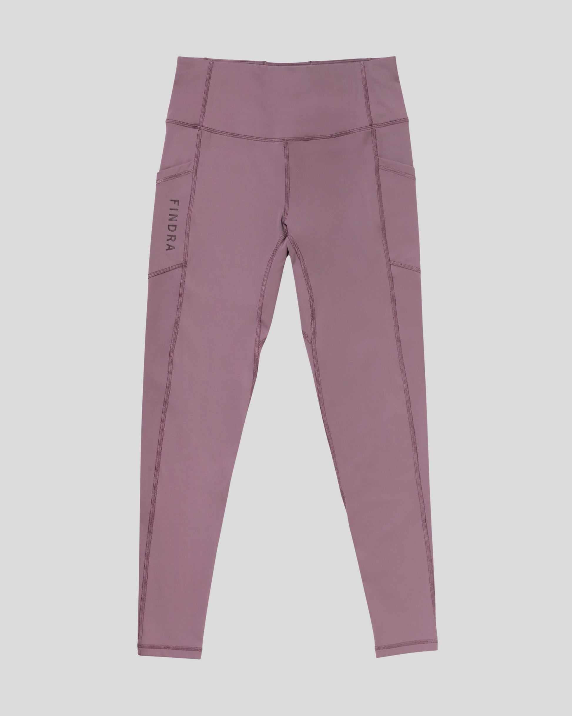 Purple leggings with a brand logo on a light gray background