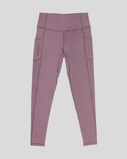 Purple leggings with a brand logo on a light gray background