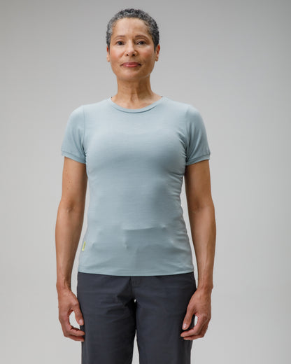 Person wearing a light blue t-shirt and dark pants on a gray background