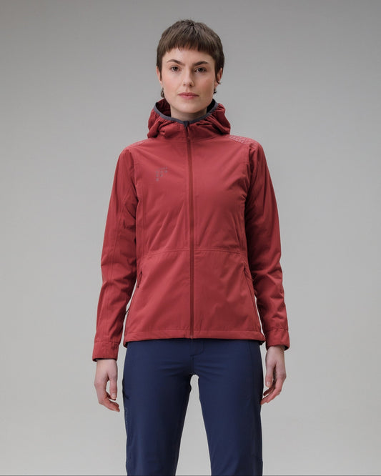 Person wearing a red jacket and blue pants on a gray background