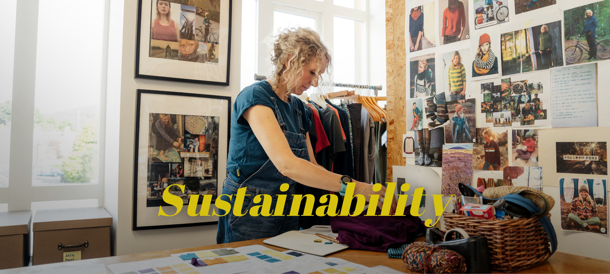 Alex Feechan founder of FINDRA in her studios with the overlay - Sunstainability